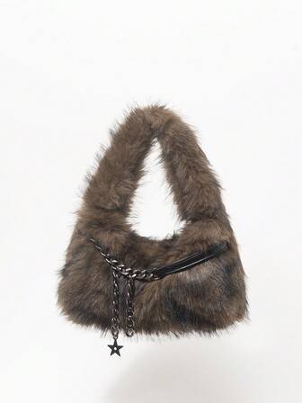Grunge Punk 2000s Style Women Shoulder Bags,Punk  Rivet Biker Bags,Fur Purse ,Autumn & Winter Wallets, Hobo Handbag(Random Pattern)