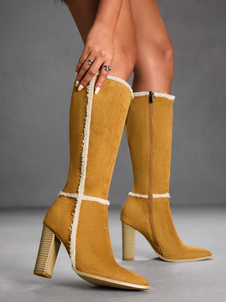 CUCCOO SZL New Fashionable Sexy Pointed Toe Camel High Shaft Women Boots, Chunky Heel Personalized Long Boots, Autumn/Winter Slimming Versatile Comfortable Stylish Boots
