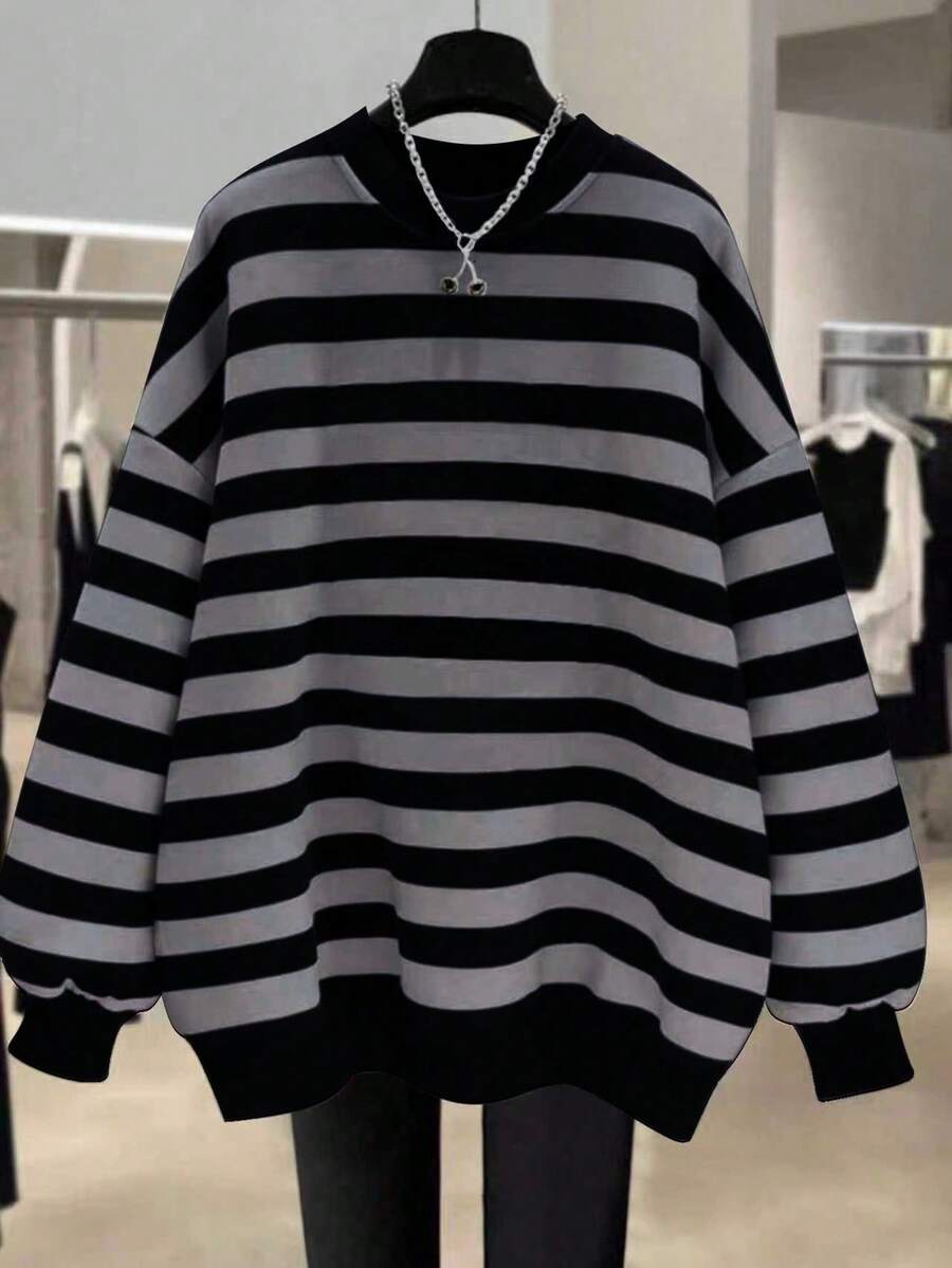 EMERY ROSE Áo nỉ cổ tròn kẻ sọc cỡ lớn dành cho nữ, dáng vừa vặn, bán chạy nhất mới về - Xám - Xem 1