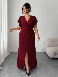 Elenzga 荷叶边袖、收腰、深V领修身连衣裙、酒红色、优雅精致 - 酒紅色 - 查看 5