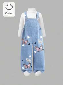 Elladie kids 少女可爱卡通蝴蝶印花牛仔背带裤，夏季休闲时尚