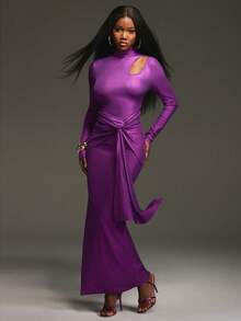 NYA SZN Dress Long Sleeve Turtle Neck Cut Out Slit Ruche Detail Fitted Bodycon Special Occasion Wedding Event Party Night Out Modest Cool Girl Ibiza Holiday Maxi Length Fall Winter Suitable For Commuting Thanksgiving Christmas NYE New Years Eve Outfits For Women