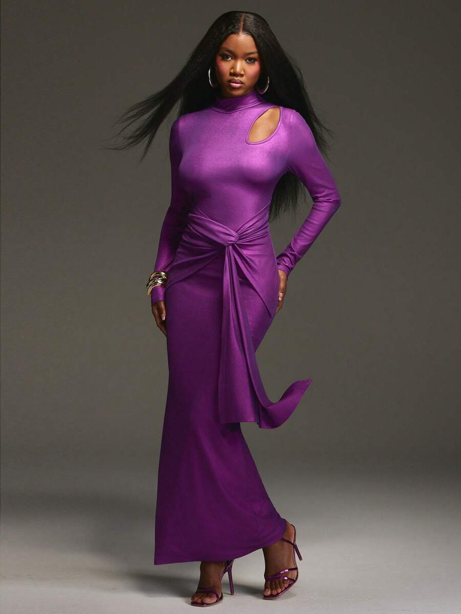 NYA SZN Dress Long Sleeve Turtle Neck Cut Out Slit Ruche Detail Fitted Bodycon Special Occasion Wedding Event Party Night Out Modest Cool Girl Ibiza Holiday Maxi Length Fall Winter Suitable For Commuting Thanksgiving Christmas NYE New Years Eve Outfits For Women