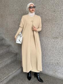 DAZY Completo da donna composto da giacca a maniche lunghe tinta unita e abito a maglia a coste a maniche lunghe, elegante maglione in 2 pezzi, moda modesta - Albicocca - Visualizzare 1