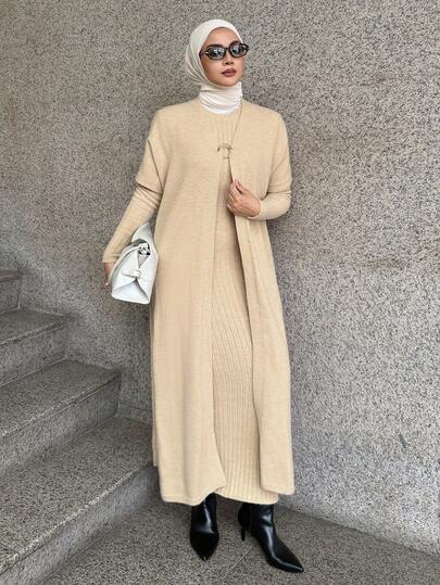 DAZY Women's Solid Color Long Sleeve Jacket And Ribbed Long Sleeve Knit Dress Elegant Sweater 2 Pieces Set Modest Fashion
