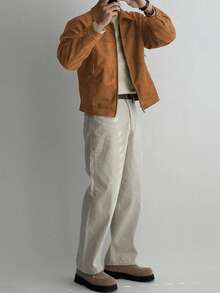 DAZY 男式纯棕色绒面羊毛夹克和外套，秋冬 - 棕色 - 查看 2