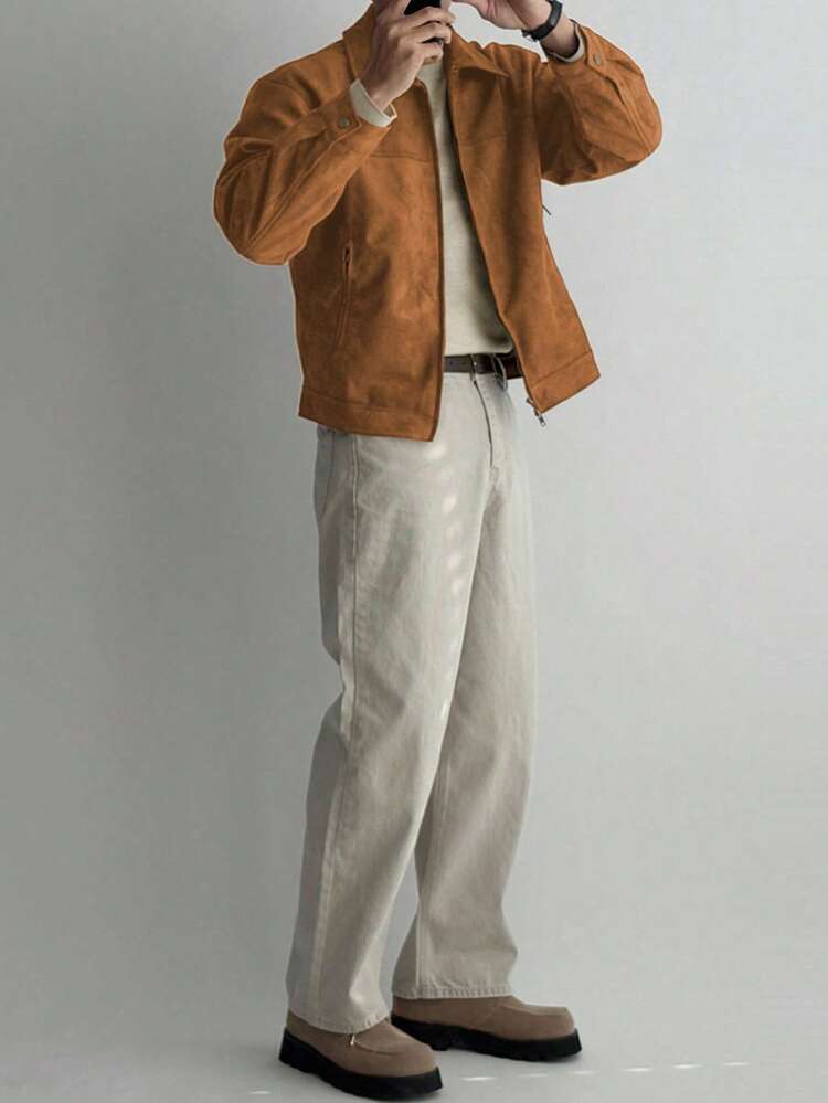 Men's Solid Brown Suede Fleece Jacket And Coat, Autumn/Winter