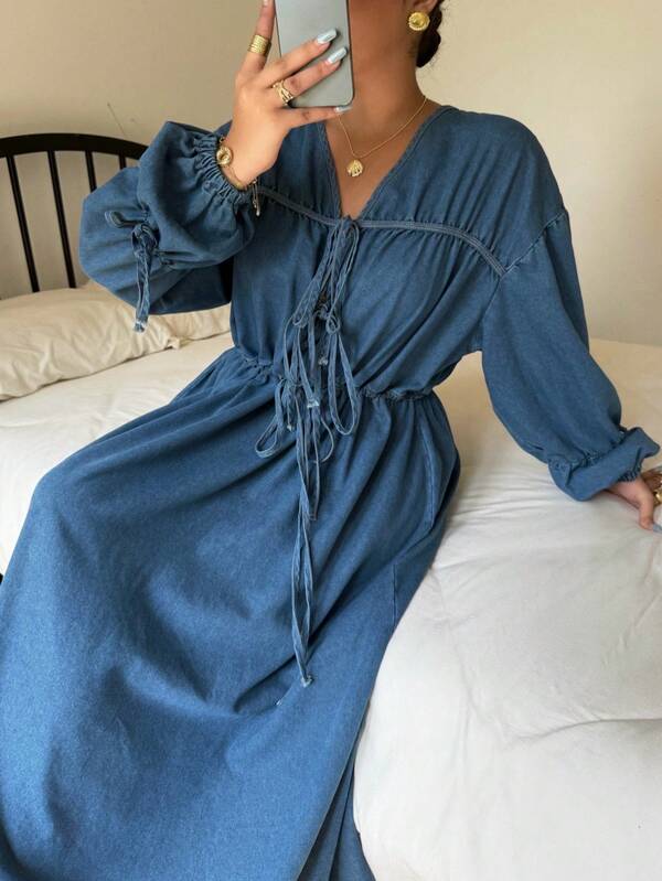 SHEIN CURVE+ Plus Size Women Long Sleeve Casual Loose Tie Front Denim Dress Blue Jean Dress Women Chambray Dress