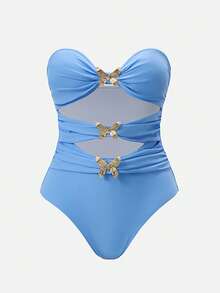 Swim Oasis Conjunto de dos piezas de traje de baño elegante azul con decoración de mariposa metálica de 3 niveles, nudo retorcido, falda azul y azul bebé. Conjunto de playa para mujer de moda azul bebé - Azul - Ver 10