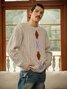 RivetRise Men's Rhombus Pattern Loose Fit Crew Neck Dropped Shoulder Long Sleeve Casual Sweater, Autumn/Winter - Multicolor - View 1