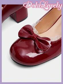 Dola Lovely 蝴蝶结优雅法式玛丽珍高跟鞋 - 酒紅色 - 查看 4