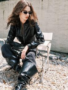 Airlisse Women's Vintage Textured Ribbed Splice Stand Collar Long Sleeve Design Short Loose Leather Jacket, Winter - Black - View 6