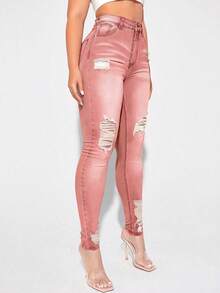 SHEIN PETITE Women's Casual Distressed Skinny Fit Denim Jeans - Pink - View 4