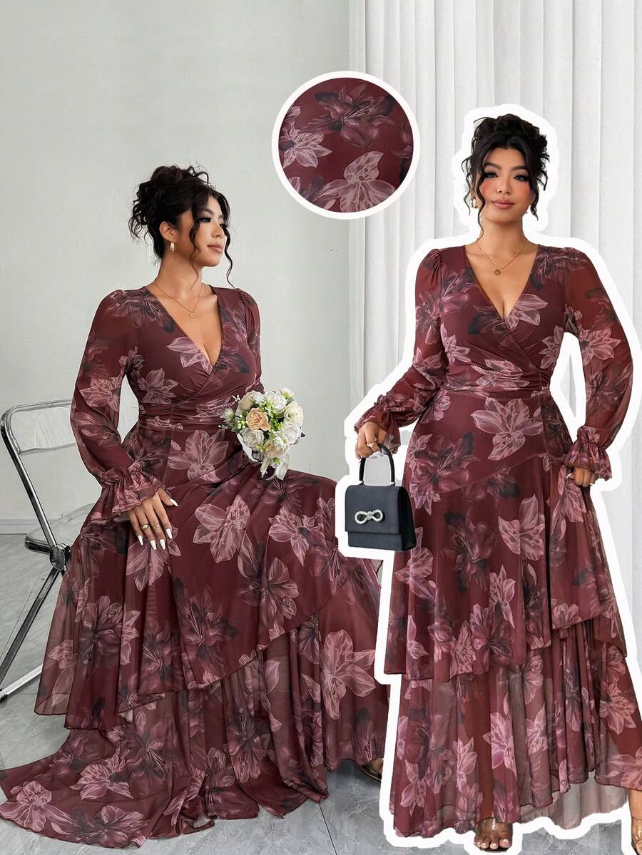 Elenzga New Plus Size Women's Fashion Floral Print Ruffle Hem High Stretch Cinched Waist Long Dress, Autumn Dress, Ruffle Dress, Floral Dress Fall - Multicolor - View 1