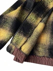 Manfinity Roghcode Men's Yellow Plaid Long Sleeve Patchwork Collar Zip-Up Jacket,Vintage Grunge Streetwear Shacket,Autumn Holiday Baggy Windbreaker Winter Sweater Jacket - Multicolor - View 8