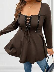 SHEIN Áo thun tay dài cổ vuông thắt nơ phía trước thời trang thường ngày cỡ lớn dành cho nữ - màu nâu - Xem 5