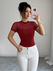 Elenzga Women's 2025 Summer Solid Color Versatile Mesh Patchwork Round Neck Short Sleeve T-Shirt - Burgundy - View 4