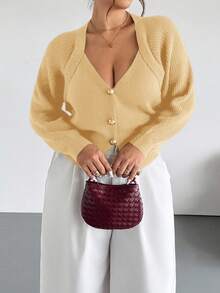 Firerie Plus Size Solid Color Front Button Long Sleeve Casual Knit Cardigan In Fall/Winter - Yellow - View 7