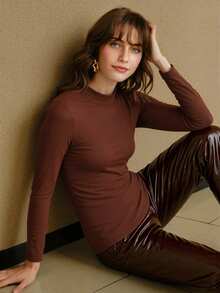 MOTF PREMIUM BLUSA DE CUELLO ALTO MANGA LARGA SÓLIDA - Café integral - Ver 3