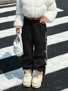 Muchica Women's Embroidered Casual Loose Thermal Lined Sweatpants, Black & White, Autumn/Winter Streetwear - Black - View 4