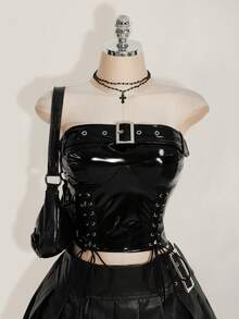 SHEIN ICON Y2k 女式加大码乡村音乐会嬉皮士黑色哥特 PU 鸡眼系带短款紧身胸衣上衣，时尚 - 黑色 - 查看 1