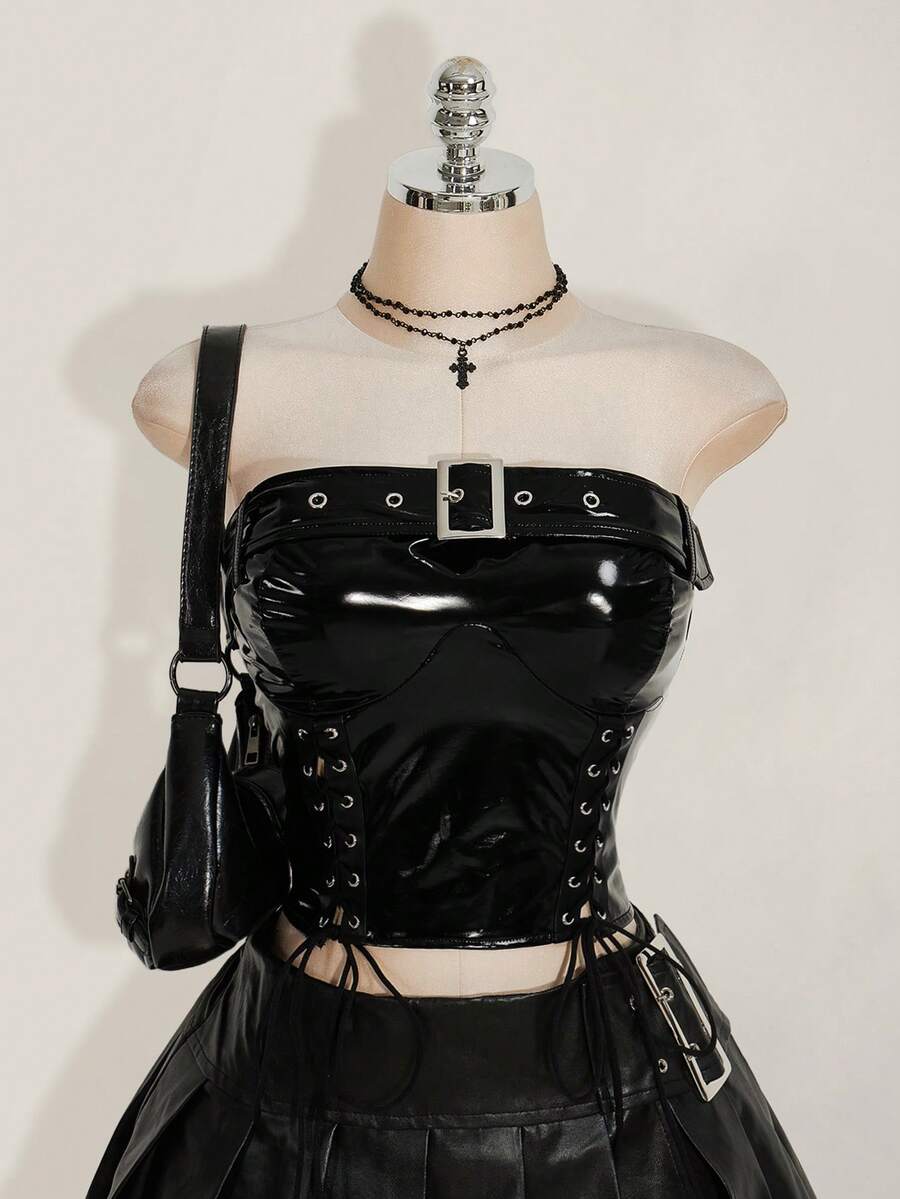 SHEIN ICON Y2k 女式加大码乡村音乐会嬉皮士黑色哥特 PU 鸡眼系带短款紧身胸衣上衣,时尚 - 黑色 - 查看 1