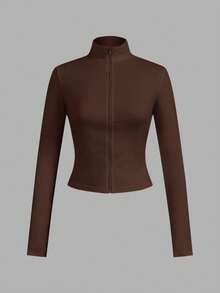 SHEIN EZwear 2 件棕色和卡其色针织拉链长袖 T 恤女士款，适合春秋季 - 彩色 - 查看 6