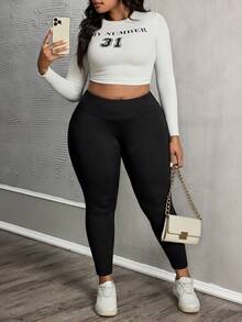 SHEIN PETITE CURVE 大码女式纯色高腰休闲保暖内衬打底裤，适合秋冬季 - 黑色 - 查看 5