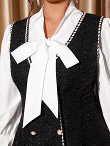 Cravure Plus Size Women's Spring/Autumn Elegant Knotted Collar Lantern Sleeve Loose Shirt And Contrast Ribbon Double-Breasted Cardigan Vest Dress 2 Pieces Set - Black and White - View 8
