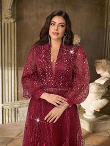 Aureia 加大码优雅奢华深 V 领长袖透明美人鱼下摆连衣裙，带珍珠和水钻装饰，适合婚礼、派对、庆典、单身派对、正式晚会 - 酒紅色 - 查看 3