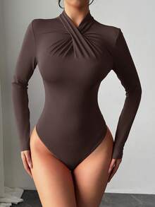 Firerie Bodysuit Kerah Ruffle Merah yang Elegan, Modern & Seksi, Serbaguna untuk Kasual, di Rumah & Berjejaring, Musim Gugur/Dingin, Pakaian Musim Gugur untuk Wanita - Coffee Brown - View 2