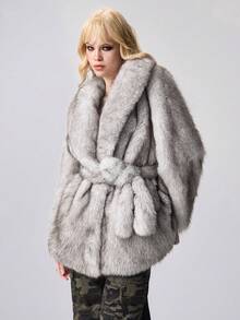 ROMWE EDITION Women's Casual Loose Faux Fur Collar Long Sleeve Jacket, Winter - Beige - View 4
