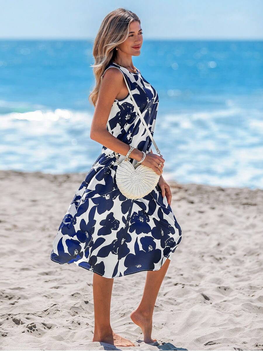 Sylviya Vestido midi de línea A sin mangas con estampado floral y bolsillos, adecuado para primavera y verano, outfits de vacaciones, vestidos de mujer elegantes, vestidos formales de mujer en azul