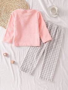 SHEIN 2pcs Girls Plush Plaid Long Sleeve Top And Pants Casual Comfortable Soft Pajama Set Girls Lounge Set Kids Pajama Set Girls Comfy Set Sleep Wear Set Pajamas Set Two Piece - Light Grey - View 2