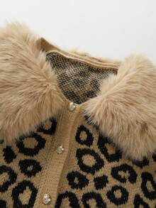 Franclia 新款秋冬欧美风豹纹毛领街头时尚女士开衫毛衣 - 棕色 - 查看 8