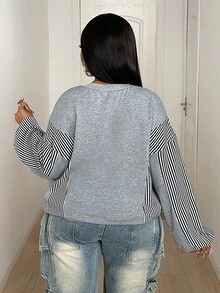 Maweii Plus Size Women Letter & Stripe Patchwork Sweatshirt, Suitable For Autumn - Light Grey - View 2