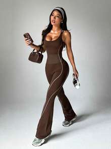 Dewbera Women's Letter Print Backless Criss-Cross Design Flare Jumpsuit - Brown - View 3