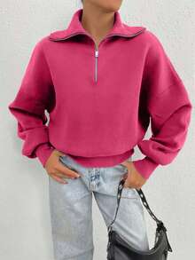 EURMUSE 100% Cotton Collar With Zipper Pattern Oversize Sweatshirt - Pink - View 5