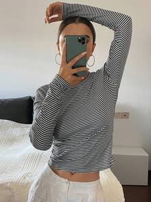 DAZY 1 件女式纯色圆领修身短袖 T 恤 - 黑色 - 查看 6