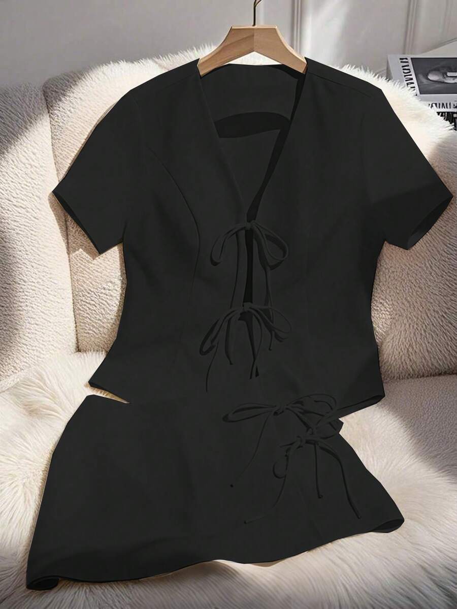 Franclia Bộ 2 món/Bộ áo sơ mi tay ngắn và chân váy trơn màu thời trang công sở/thường ngày mùa hè cho nữ - màu đen - Xem 1