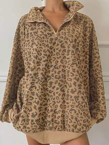 DAZY 女式灯芯绒豹纹半拉链套头衫，休闲街头风格，秋冬 - 卡其色 - 查看 3