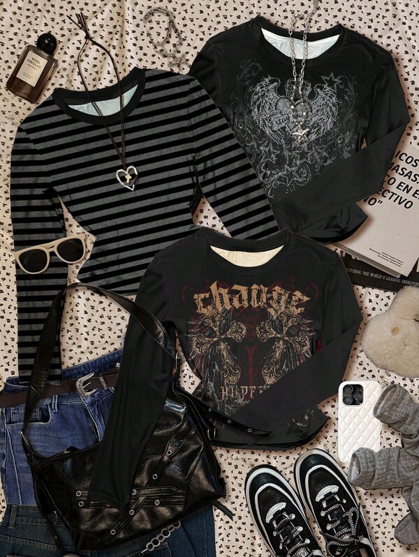 3pcs/Set Punk Cross & Wing Print Casual Slim Fit High Waist Cropped Long Sleeve T-Shirts, Cute For Teen Girls, Autumn/Winter