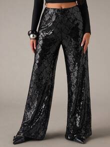 SHEIN BAE Women's Fashionable Party Sequin Wide Leg Pants - Black - View 7