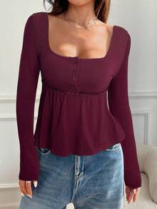 SHEIN EZwear 女式纯色方领长袖荷叶边下摆休闲T恤 - 酒紅色 - 查看 4