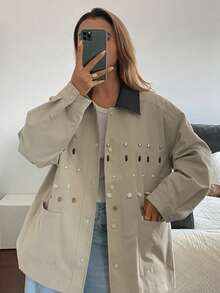 Livesso Chaqueta acolchada para mujer con decoraciones de strass, lentejuelas, cuentas y hebilla de metal, estilo casual suelto para la calle en otoño e invierno