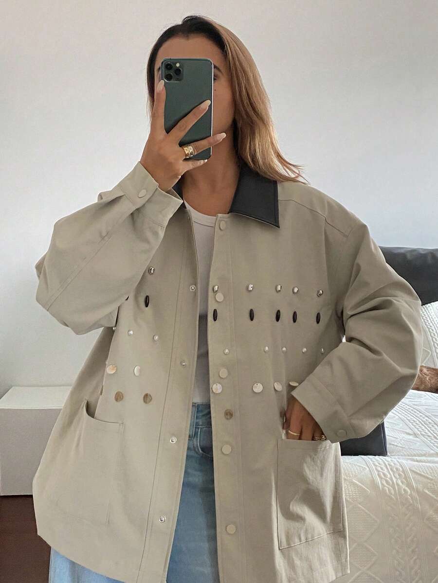 Livesso Chaqueta acolchada para mujer con decoraciones de strass, lentejuelas, cuentas y hebilla de metal, estilo casual suelto para la calle en otoño e invierno