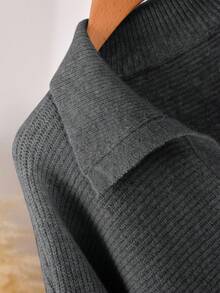 CosyJoli Plus Size Women's Grey Ribbed Knit Pullover Sweater,Autumn Smart Casual Everyday Solid Turndown Collar V-Neck Loose Lightweight Collared Sweater - Grey - View 5