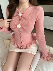 DAZY Áo len nữ thời trang thu đông màu hồng viền bèo nhún, nút cài hình trái tim, dáng ôm, nơ kẻ caro thanh lịch & áo khoác cardigan dệt kim hoa 3D - Hồng - Xem 1