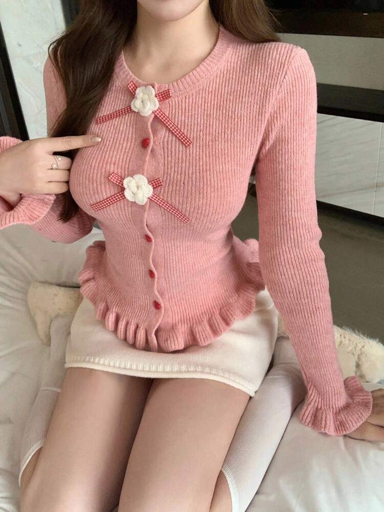 Women's Autumn/Winter Fashion Pink Top With Ruffle Trim, Heart Button Decor, Fitted Silhouette, Elegant Plaid Bow & 3D Floral Knit Cardigan