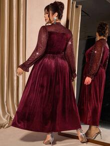 Cravure Gaun Wanita Ukuran Besar Elegan dari Beludru Jala dengan Lengan Mengembang, Pinggang Terikat, Cocok untuk Pesta Musim Gugur - Burgundy - View 2